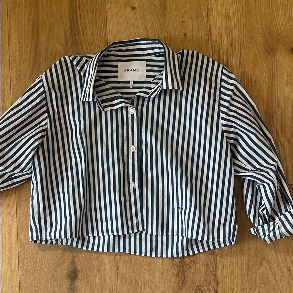 Frame Denim Black and White Striped Button Down Shirt